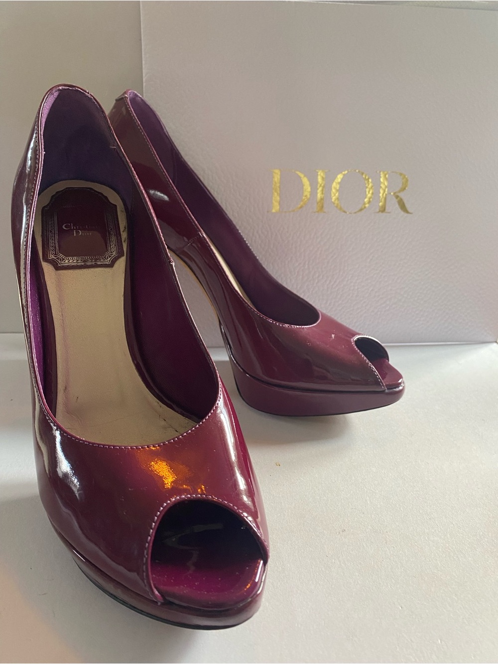🛍️Dior Authentic Diorella Burgundy Patent Leather Peep-Toe Platform Pumps